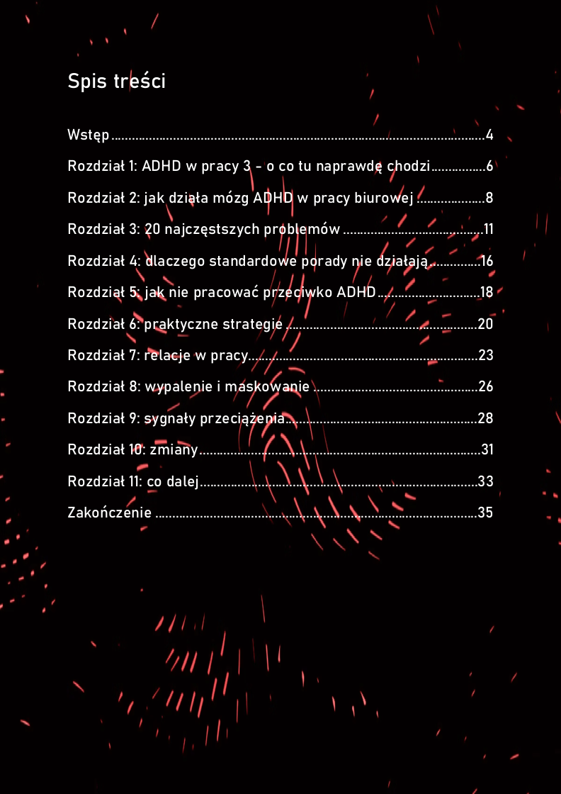 Spis treści ebooka ADHD w Pracy Biurowej — 11 rozdziałów od mechanizmów ADHD po strategie i wypalenie