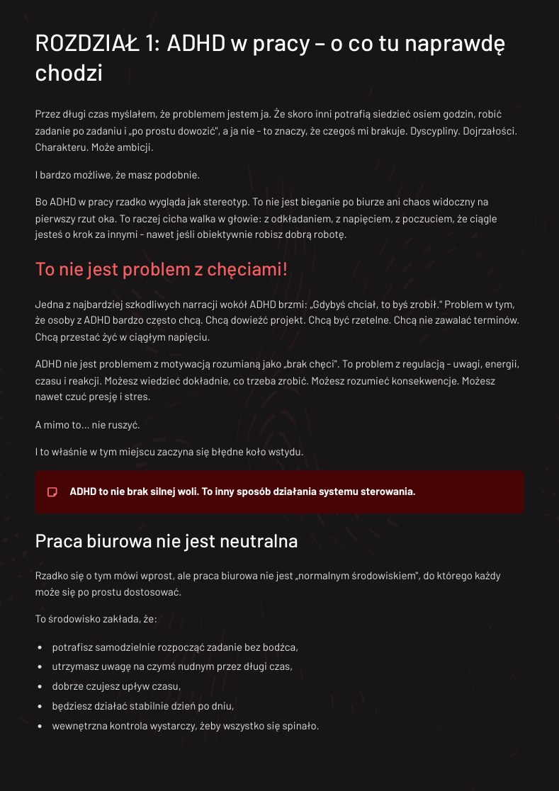 Rozdział 1 ebooka — ADHD w pracy, o co tu naprawdę chodzi. Widoczny styl: ciemne tło, czerwone ramki z kluczowymi lekcjami